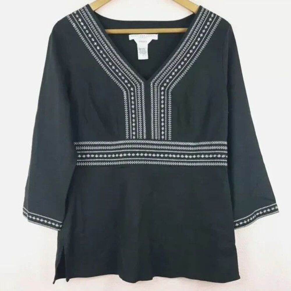 Vintage Geoffrey Beene Sport Stretch 3/4 Sleeve Linen Blend Embroidery Top Sz 10